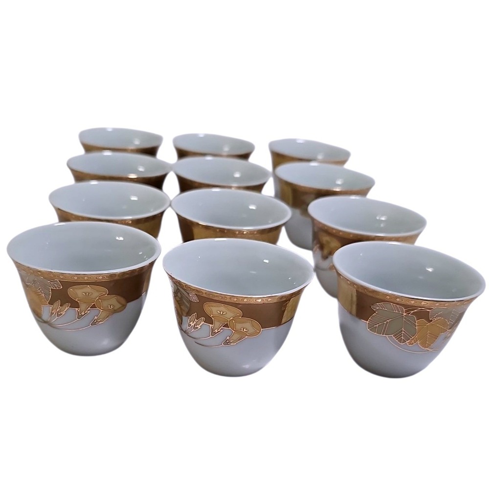 12pc H.D. Arabic Coffee Turkish Cups Finjan White Gold Floral Gilt Porcelain Set